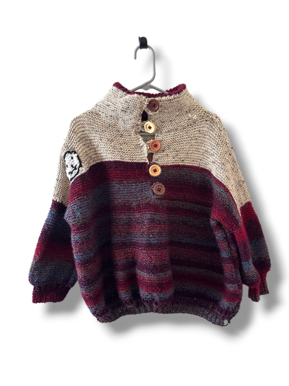 Vintage Handmade Chunky Knit Smiley Cream & Rainbow Sweater Unisex Size Large